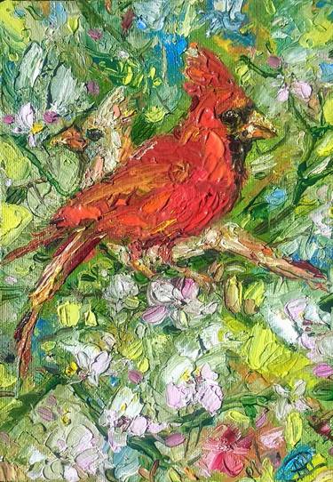 Red Cardinal Birds original oil painting wall art Impasto thumb