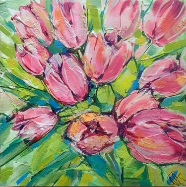 Tulip oil painting impasto gift for her wall art decor thumb