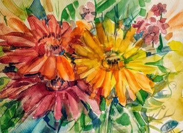 Bright summer flowers watercolor original Art thumb