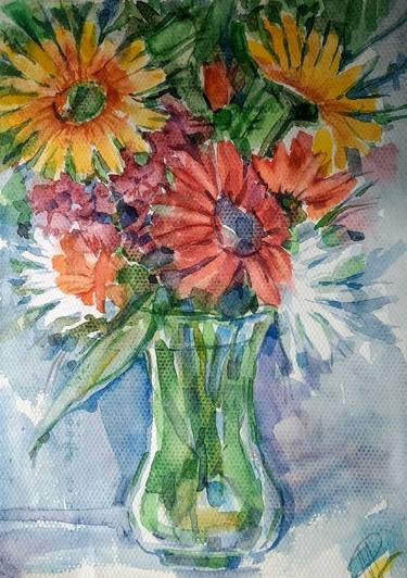 Vivid Flowers in Vase watercolor art thumb