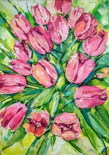 delicate tulips impasto wall art thumb