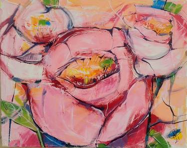 pink flowers abstract impasto oil painting thumb