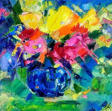 yellow abstract bouquet in a blue vase thumb