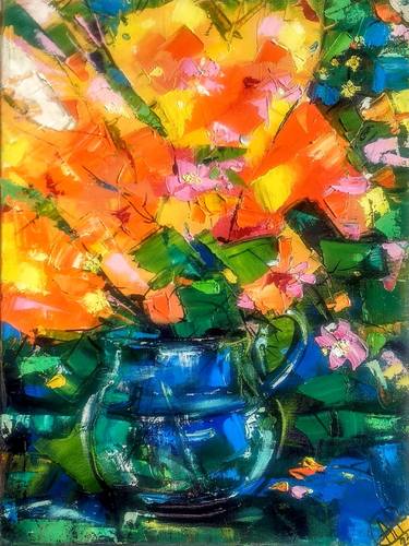 floral bouquet in blue vase impasto thumb