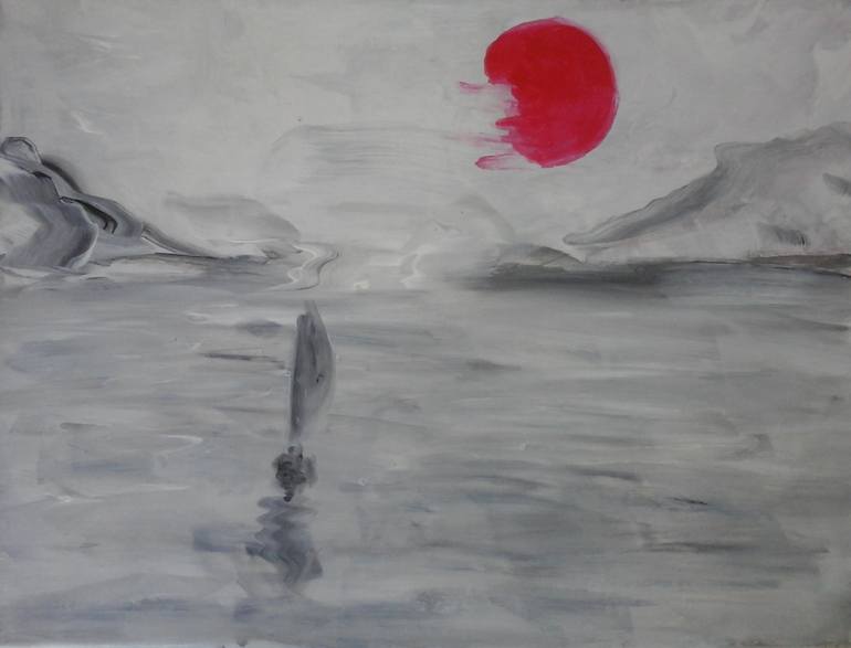 Original Seascape Painting by Evi Panteleon Painter | Expressionism Art on Canvas | Winter red sun, Loutraki