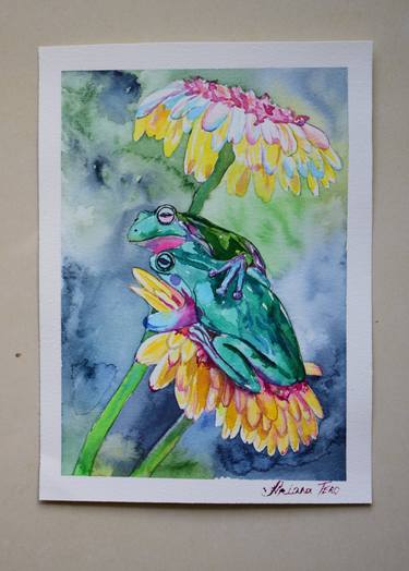 Two frogs under the raine original watercolor thumb