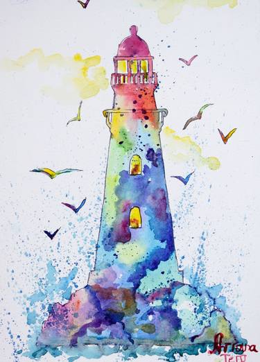 Lighthouse Stormy Original Watercolor Painting thumb