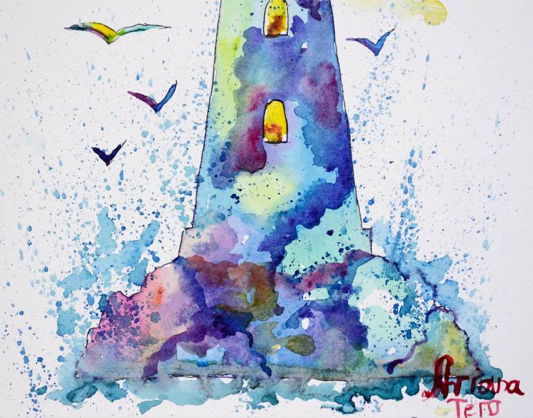 Yuiboo Watercolor Lighthouse Stormy Blue Sea Lightweight Rain