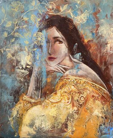 "Princess" - original oil painting, folk, portrait, home interior, wall art, beautiful woman thumb