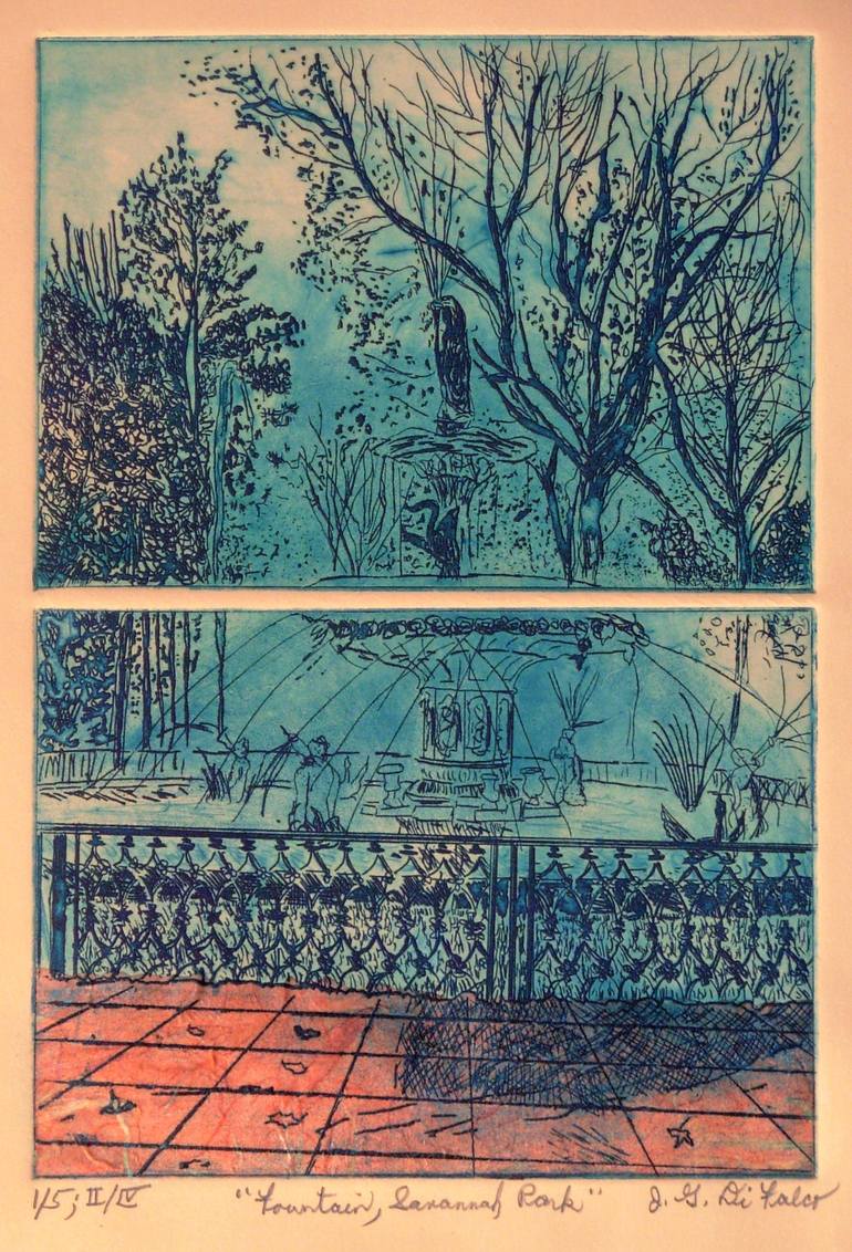 Original Places Printmaking by Jerry Difalco | Documentary Art on Other | Fountain in Savannah Park - Limited Edition 1 of 5
