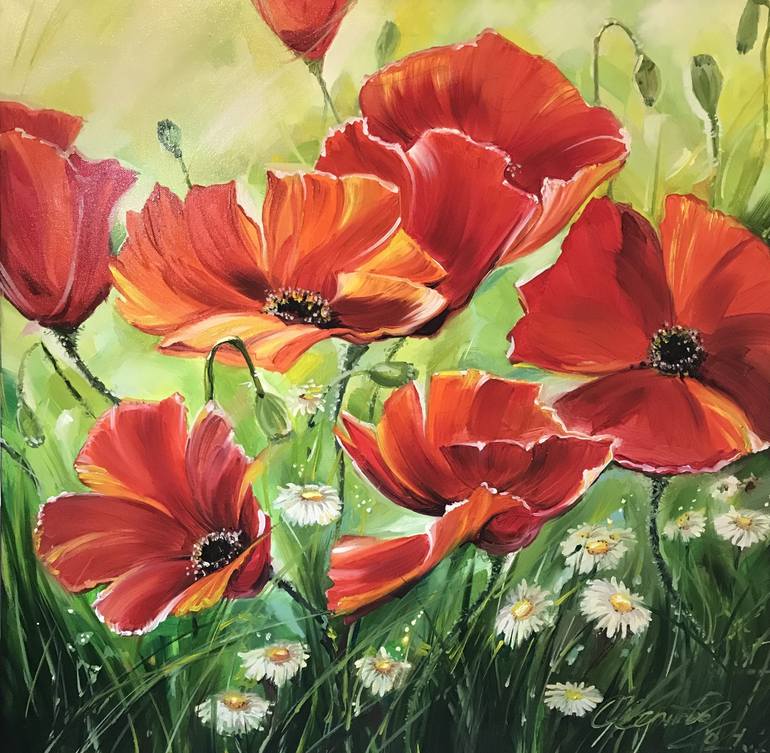 «Secluded in the dew drops» Poppy flower painting by Olga Chernova OIL ...