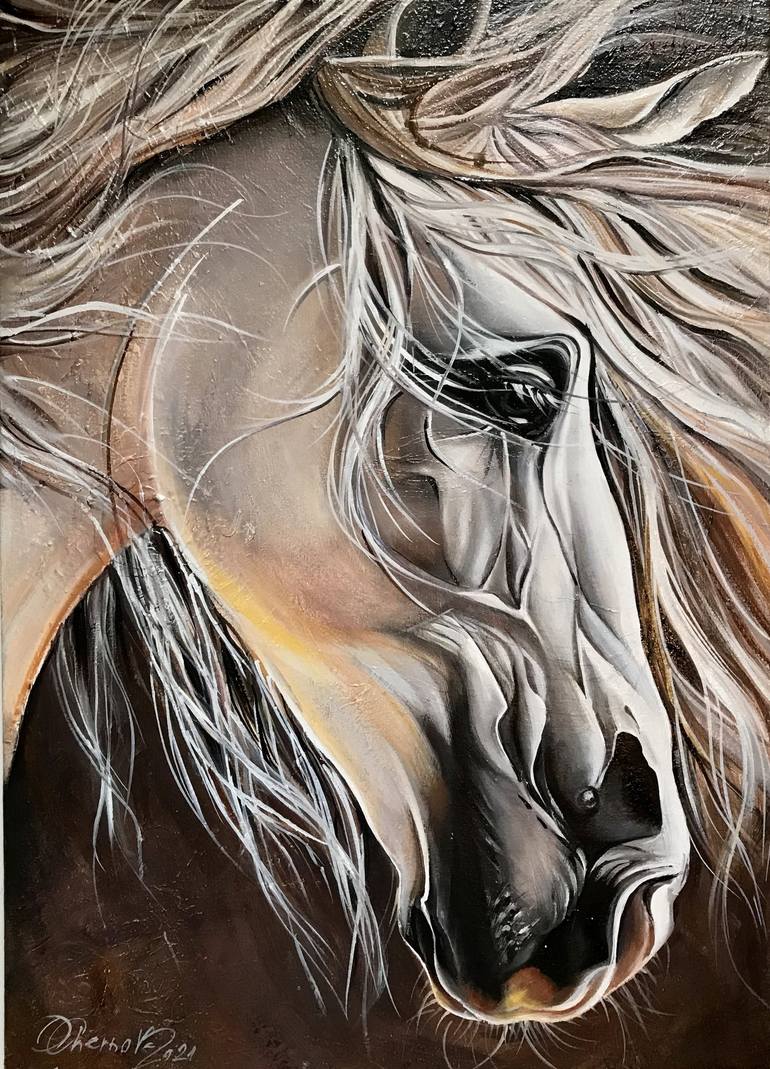 The Long Hair Beautiful White Horse - Horses - Animals Paintings