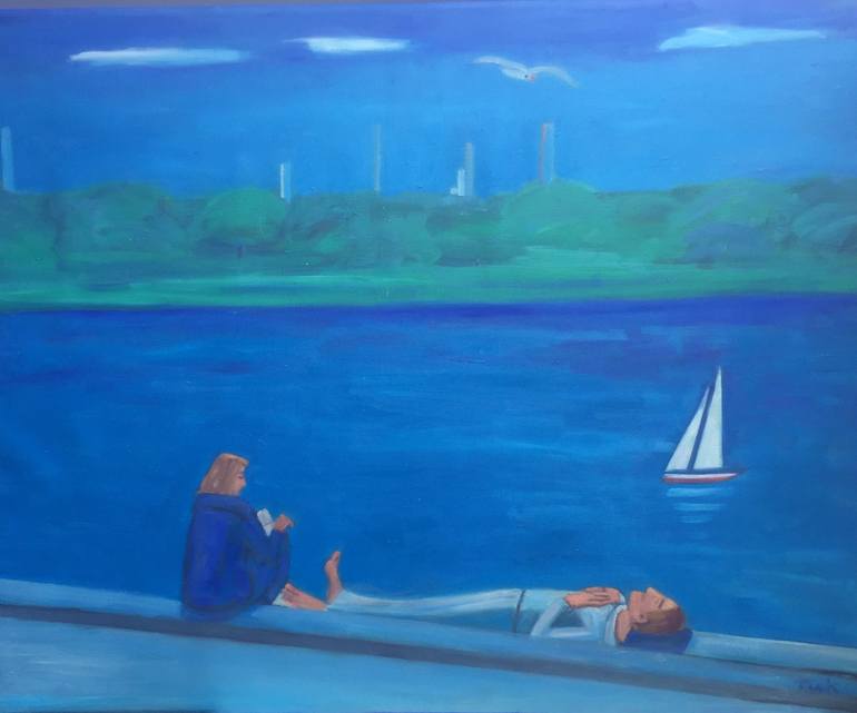 Original Cities Painting by Jo Tuck | Expressionism Art on Canvas | "New York Central Park Summertime-Lovers By The Lake"