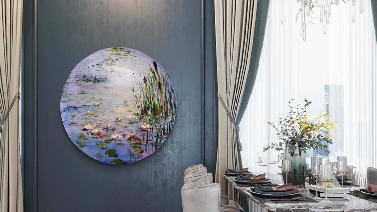 Water Lilies at Dawn – Round Oil Painting, Shimmering Metallics ...