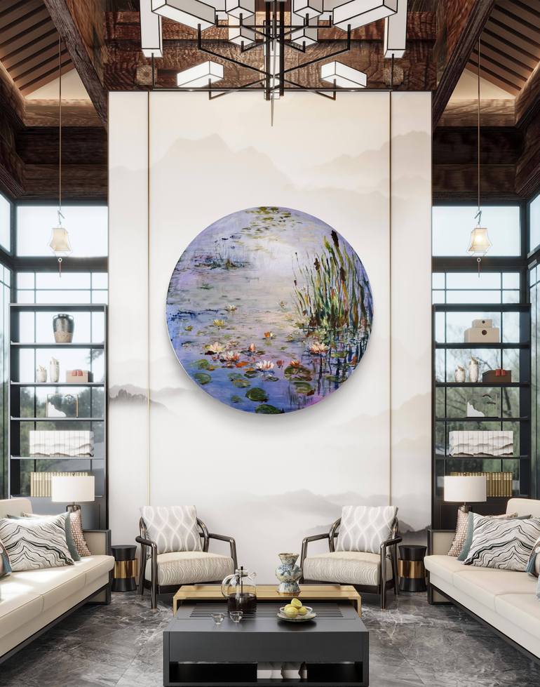 Water Lilies at Dawn – Round Oil Painting, Shimmering Metallics ...