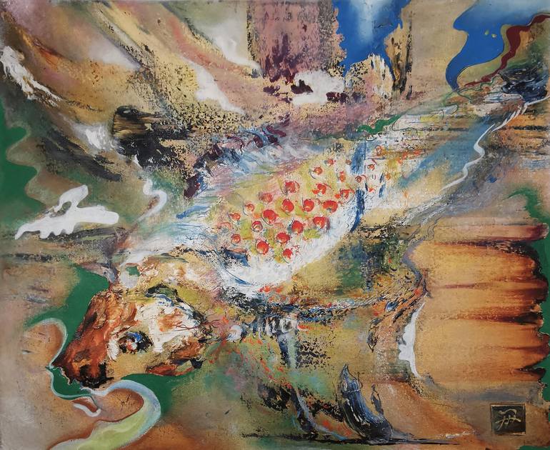 Contemporary abstract fish in rich red, blue, and golde tone Original Painting by aloo san