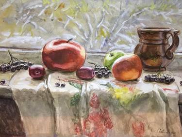 still life with fruit and a jug, winter is coming thumb