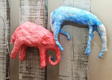 Traditional Spun Cotton Christmas Decorations: Blue Horse and Pink Elephant thumb