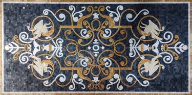 48"x24" Handmade floral marble mosaic floor wall rug black gold thumb