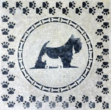 36" Black & White Scottish Terrier Dog Marble Mosaic Bones Paws thumb