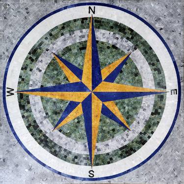 36" Nautical Compass Marble Mosaic Square Blue Green Grey White thumb