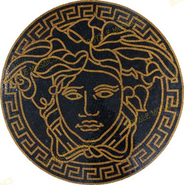 24" Versace logo marble mosaic medallion handmade black and gold thumb