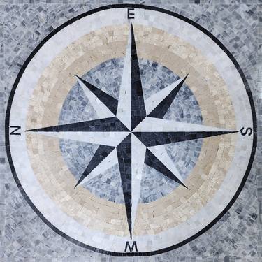 36" Compass Nautical Square Marble Mosaic Medallion NSEW thumb