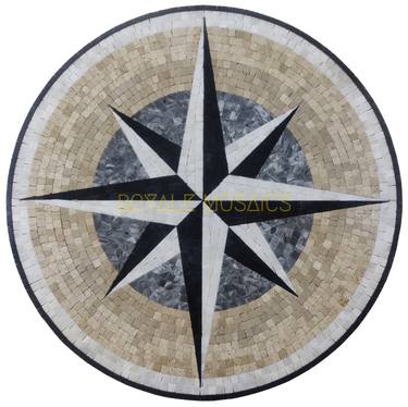 18" Compass Nautical Marble Mosaic Medallion Round Cream Grey thumb