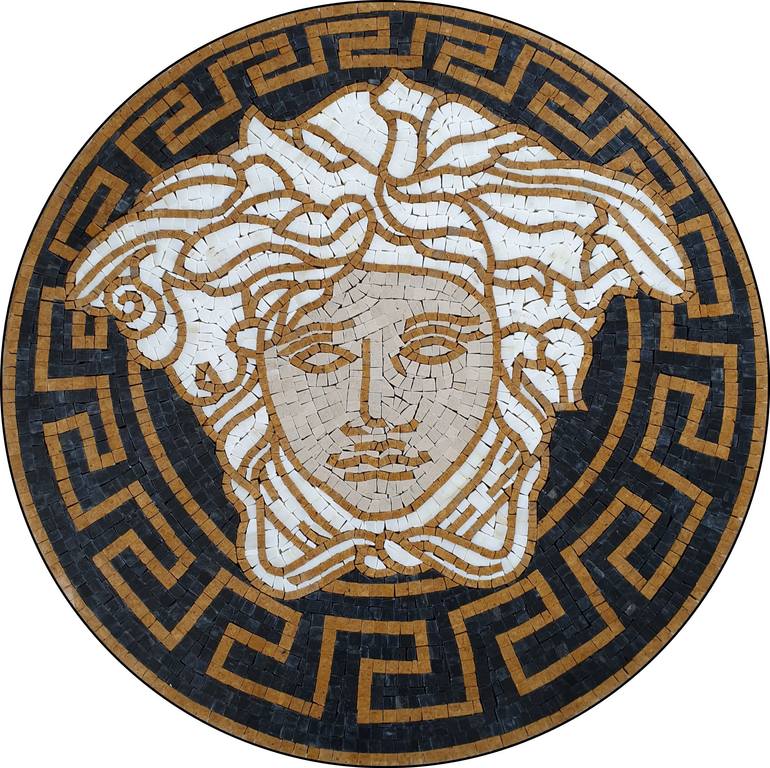 Original Classical Mythology Mixed Media by Royale Mosaics | Contemporary Art on Marble | 30" Versace Marble Mosaic Medusa Head | Black, Beige, Gold,