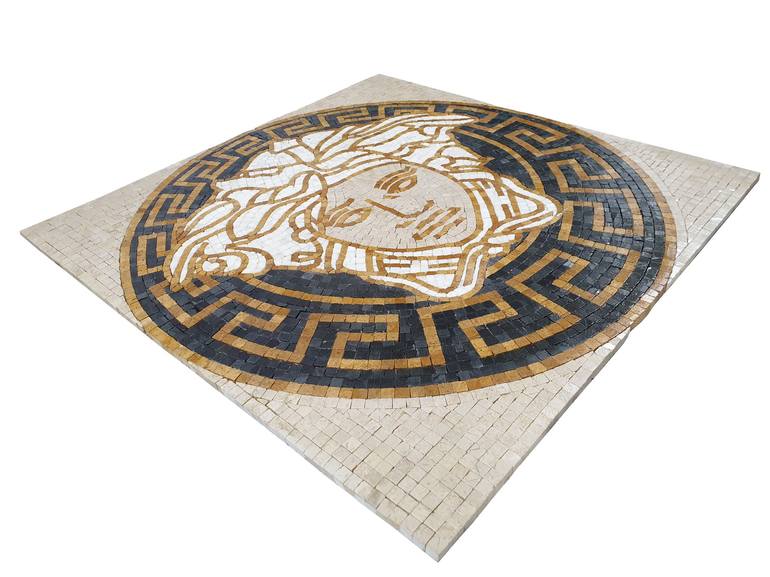 24 Handmade Versace Logo Marble Mosaic, California Gold Slate Tile 24×24