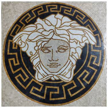 24" Handmade Versace Logo Marble Mosaic Medallion, Medusa Head Mosaik, Natural Stone Tile Rug For Walls Floors & Tabletops, Customizable Design V1-SQ thumb