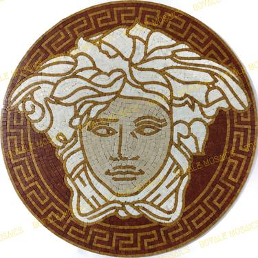 30" Versace Logo Marble Mosaic Round Medusa Medallion Rug Handmade Stone Art For Walls Floors Tabletops Customizable design thumb