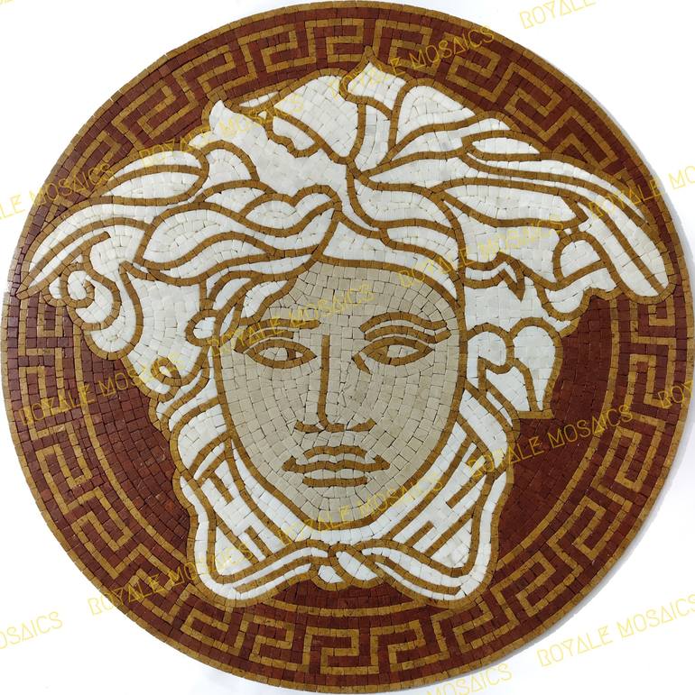 30 Versace Logo Marble Mosaic Round Medusa Medallion Rug Handmade Stone ...