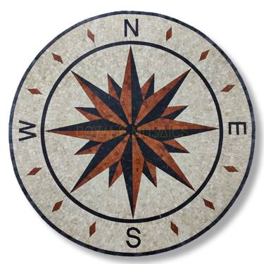 36" Compass Nautical Marble Mosaic Medallion Handmade Stone Art Rug For Walls Floors Tabletops Black Creme Brick Design thumb