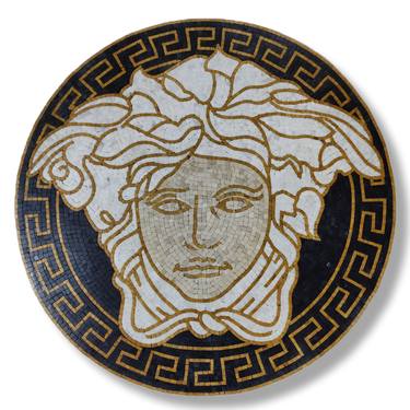 30" Versace medusa marble mosaic handmade artwork rug Greek keys thumb