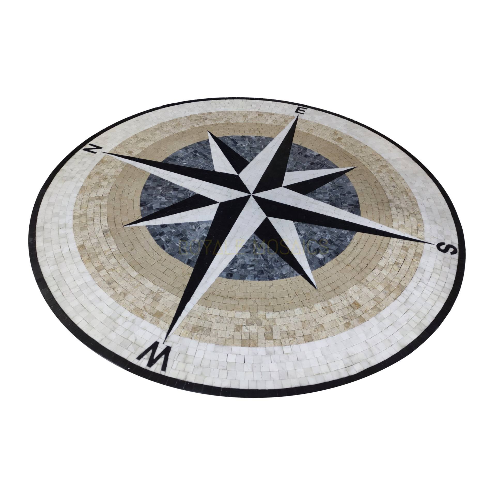30 NSEW Nautical Compass Marble Mosaic Medallion Handmade Art Installation  by Royale Mosaics