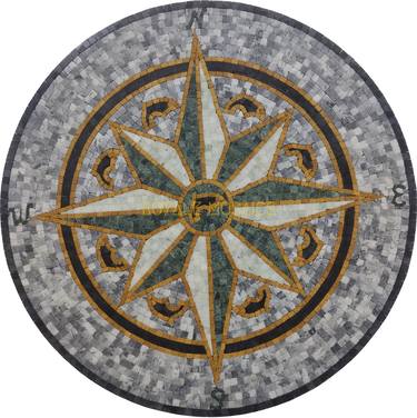 36" Grey Nautical Compass Marble Mosaic Fish Design Artwork thumb