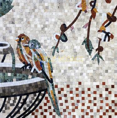 36" Birds On Fountain Marble Mosaic Handmade Artwork Medallion thumb