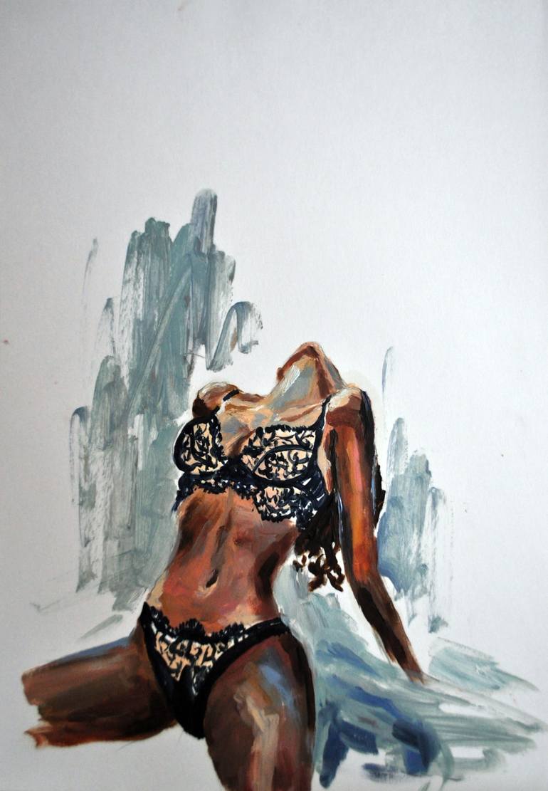 Mom, I have a new girlfriend- original oil painting, nude, woman, body, underwear, sex, womanbody, dark skin, naked body, bedroomart Painting by Elvira Sultanova Saatchi