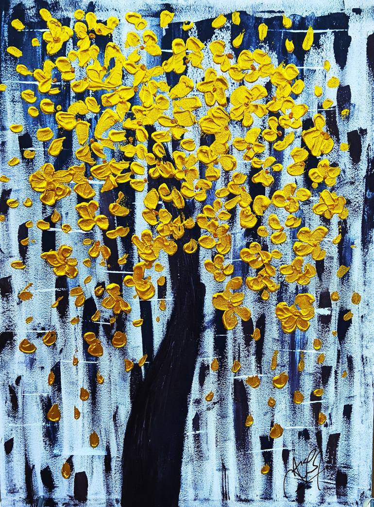 Acrylic painting of golden tree with palette knive on canvas board