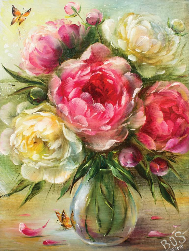 Peony flower Original oil Painting Bouquet of peony Flowers Floral art framed Hand painted