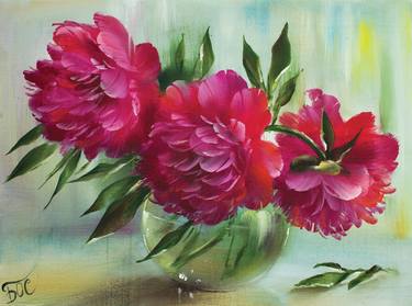 Red Peonies in bowl, Floral still life Painting thumb