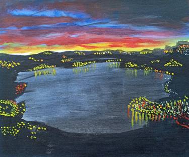 Landscape night city lights with acrylic on canvas thumb