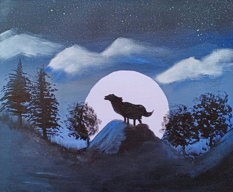 Moon night with animals,on roll canvas Painting by Tayyab Shafique |  Saatchi Art