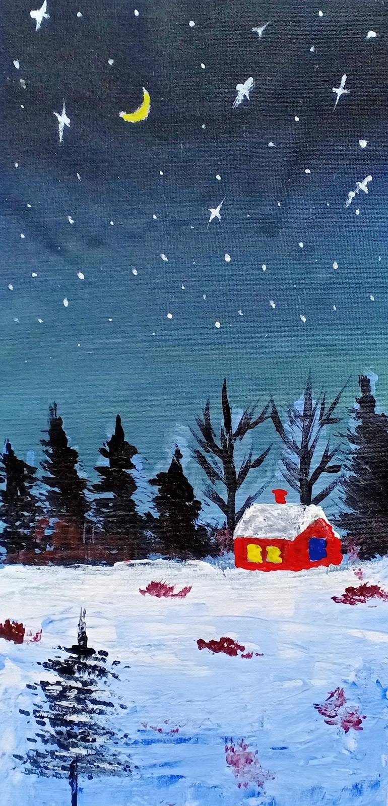 Lovely winter night Painting by Tayyab Shafique