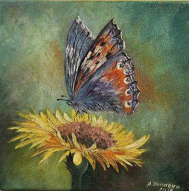 Butterfly and Flower Original Painting in Oil 10x10x1.5 in thumb