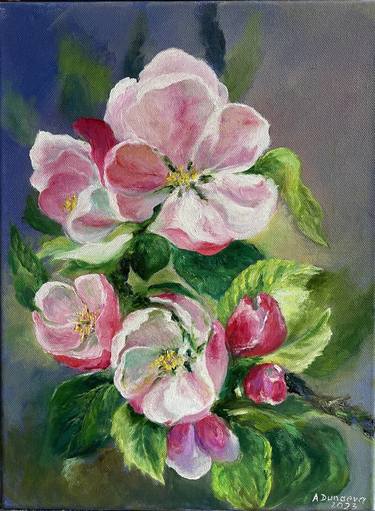 Apple Tree Blooming Original Painting in Oil 12x14 inch Artwork thumb