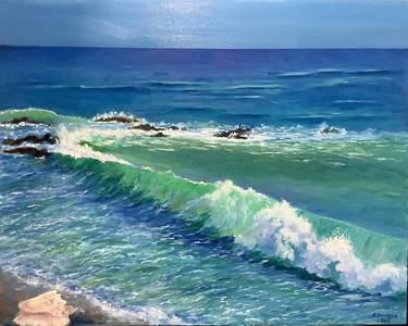 The Wave and Shell Seascape Original Painting in Oil 20x16 in thumb