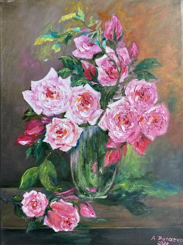 Pink Roses in Vase Floral Original Painting in Oil 11x16 in thumb