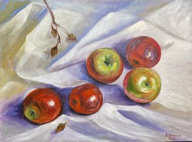 Apples on tablecloth Original painting in Oil 16x12 in Naturmort thumb